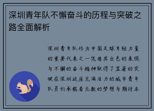 深圳青年队不懈奋斗的历程与突破之路全面解析