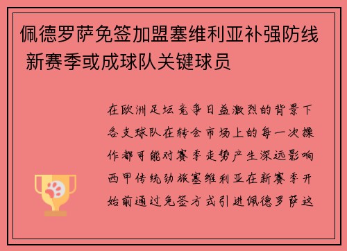 佩德罗萨免签加盟塞维利亚补强防线 新赛季或成球队关键球员