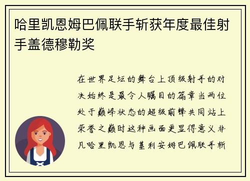 哈里凯恩姆巴佩联手斩获年度最佳射手盖德穆勒奖 哈里凯恩姆巴佩联手斩获年度最佳射手盖德穆勒奖